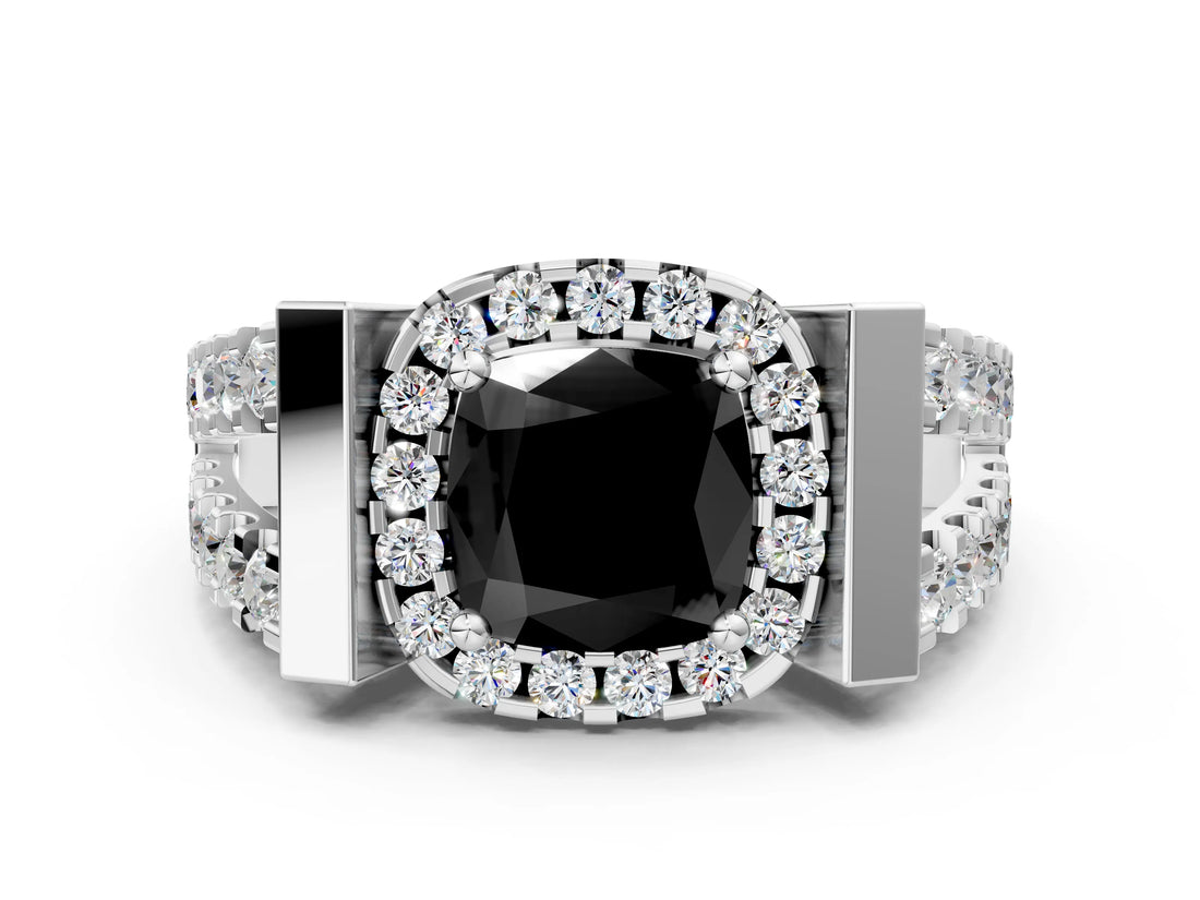 White gold Fancy Black Cushion Cut Cut Halo Split Shank Prong Set Ring_12