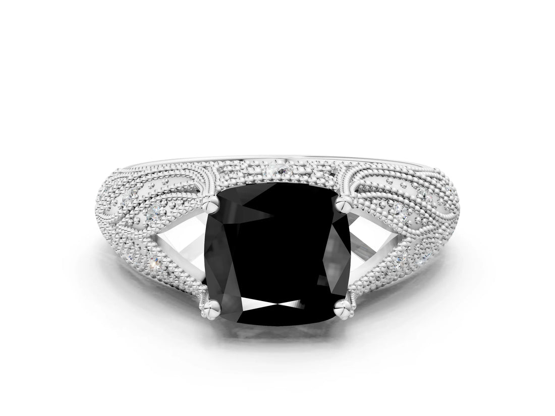 White gold Fancy Black Cushion Cut Cut Milgrain Pave Diamond Engagement Ring with Four-Prong Setting_15