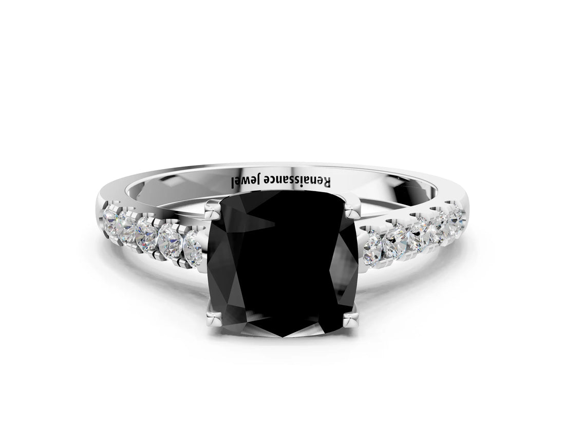 White gold Fancy Black Cushion Cut Cut Pavé Band Solitaire Ring with Four-Prong Setting