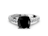 White gold Fancy Black Cushion Cut Cut Pavé Band Solitaire Ring with Four-Prong Setting
