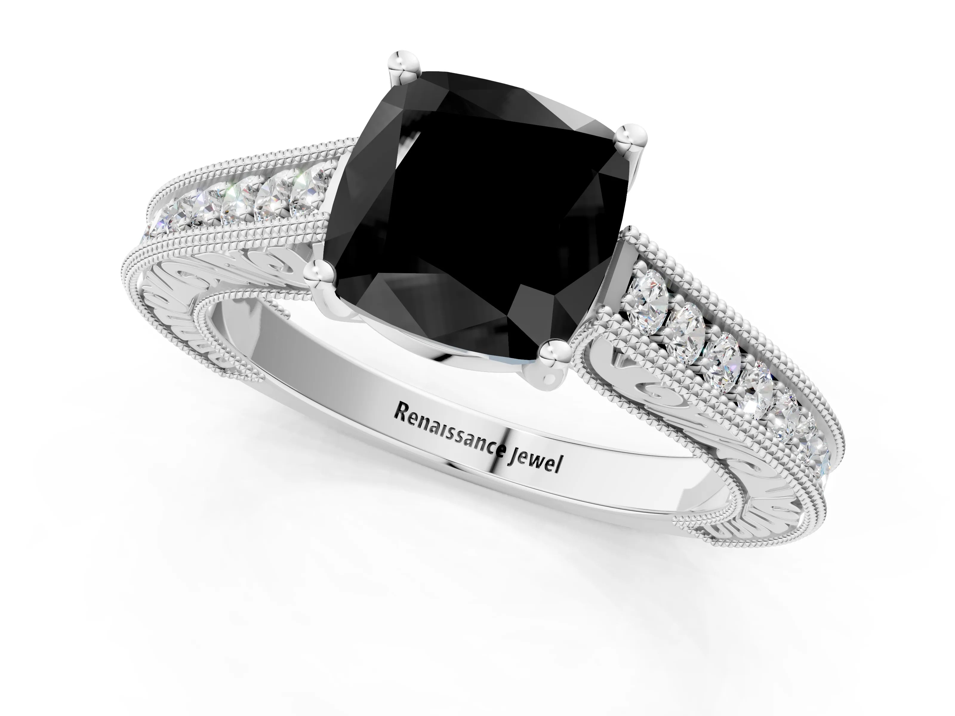 White gold Fancy Black Cushion Cut Cut Pave Band Milgrain Solitaire Ring_1