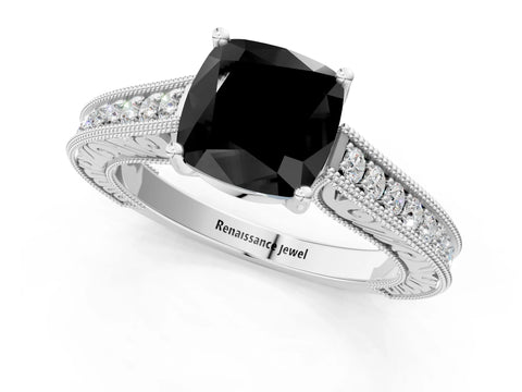 White gold Fancy Black Cushion Cut Cut Pave Band Milgrain Solitaire Ring_1