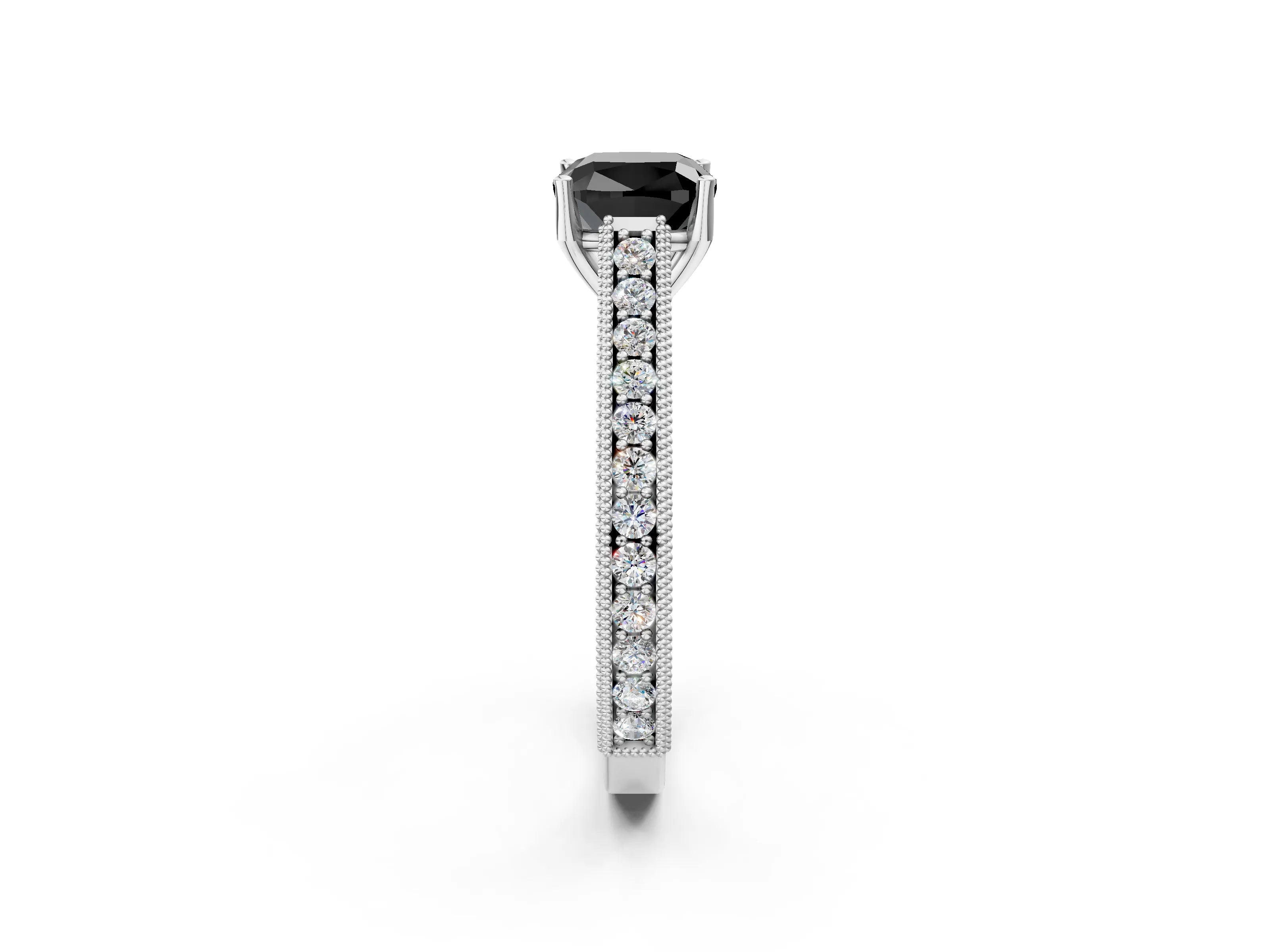 White gold Fancy Black Cushion Cut Cut Pave Band Milgrain Solitaire Ring_2