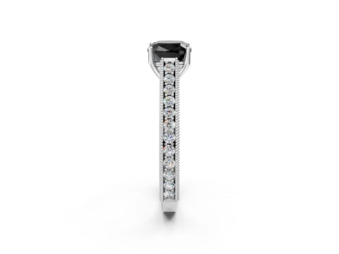 White gold Fancy Black Cushion Cut Cut Pave Band Milgrain Solitaire Ring_2