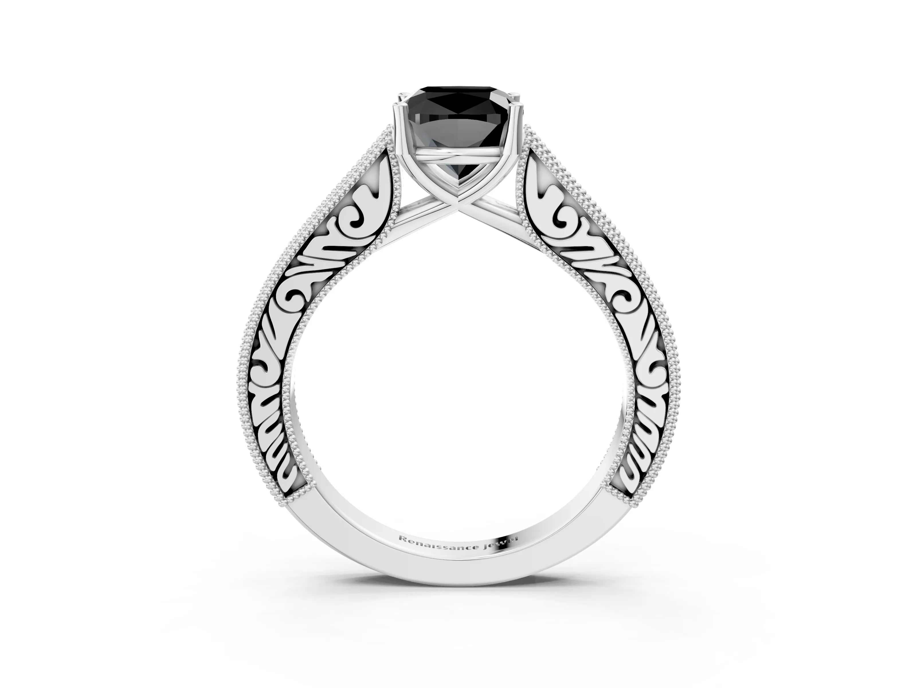 White gold Fancy Black Cushion Cut Cut Pave Band Milgrain Solitaire Ring_3