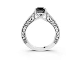 White gold Fancy Black Cushion Cut Cut Pave Band Milgrain Solitaire Ring_3