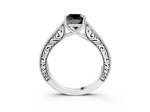 White gold Fancy Black Cushion Cut Cut Pave Band Milgrain Solitaire Ring_3