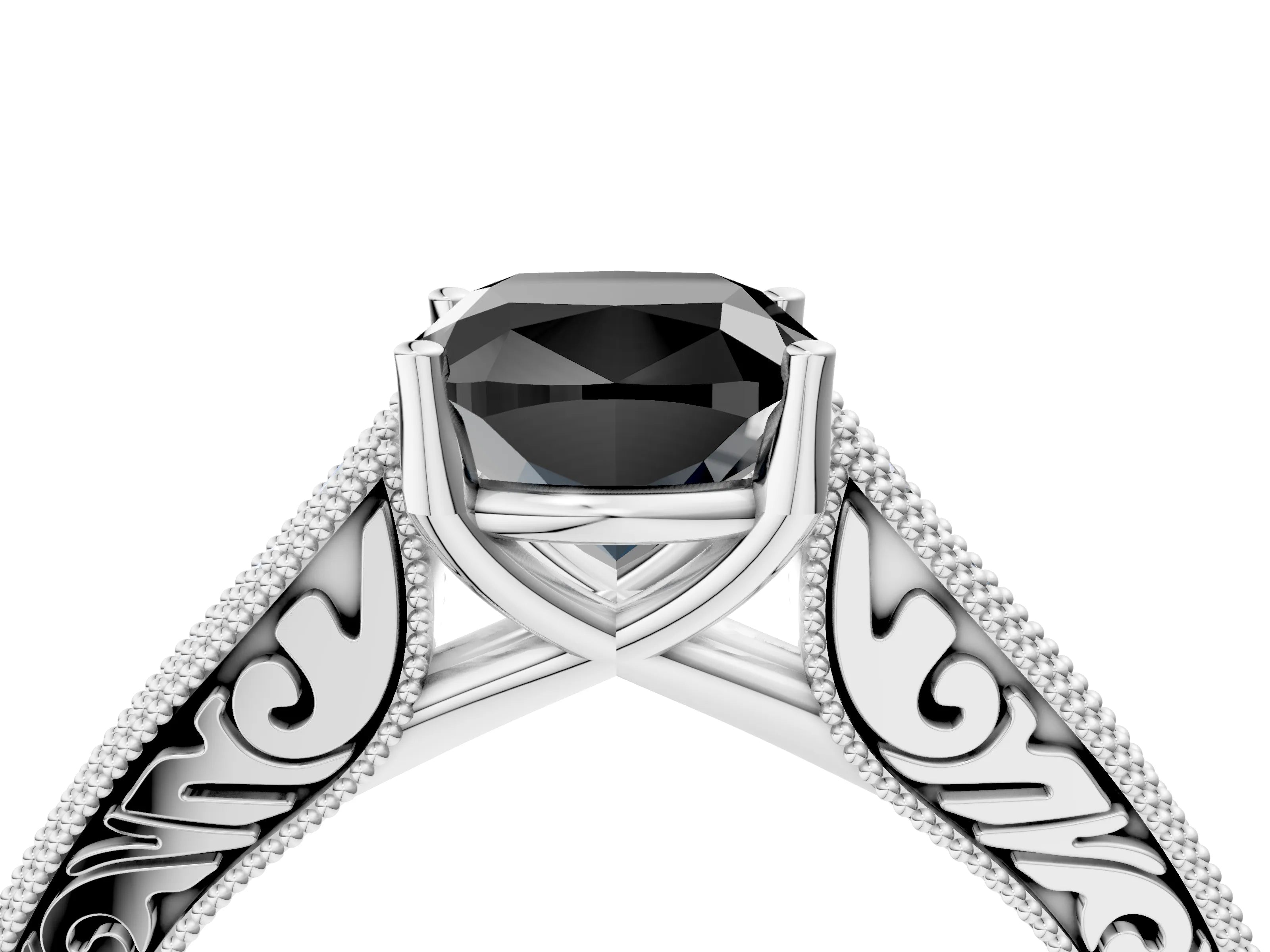 White gold Fancy Black Cushion Cut Cut Pave Band Milgrain Solitaire Ring_4
