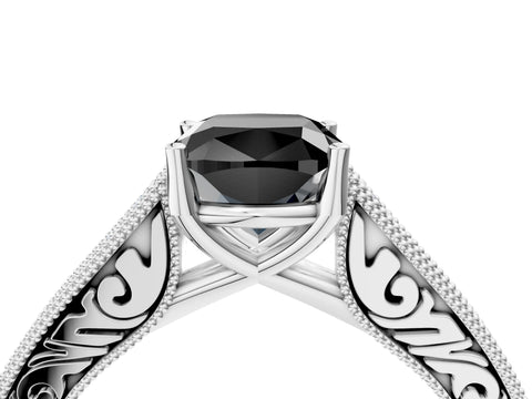 White gold Fancy Black Cushion Cut Cut Pave Band Milgrain Solitaire Ring_4