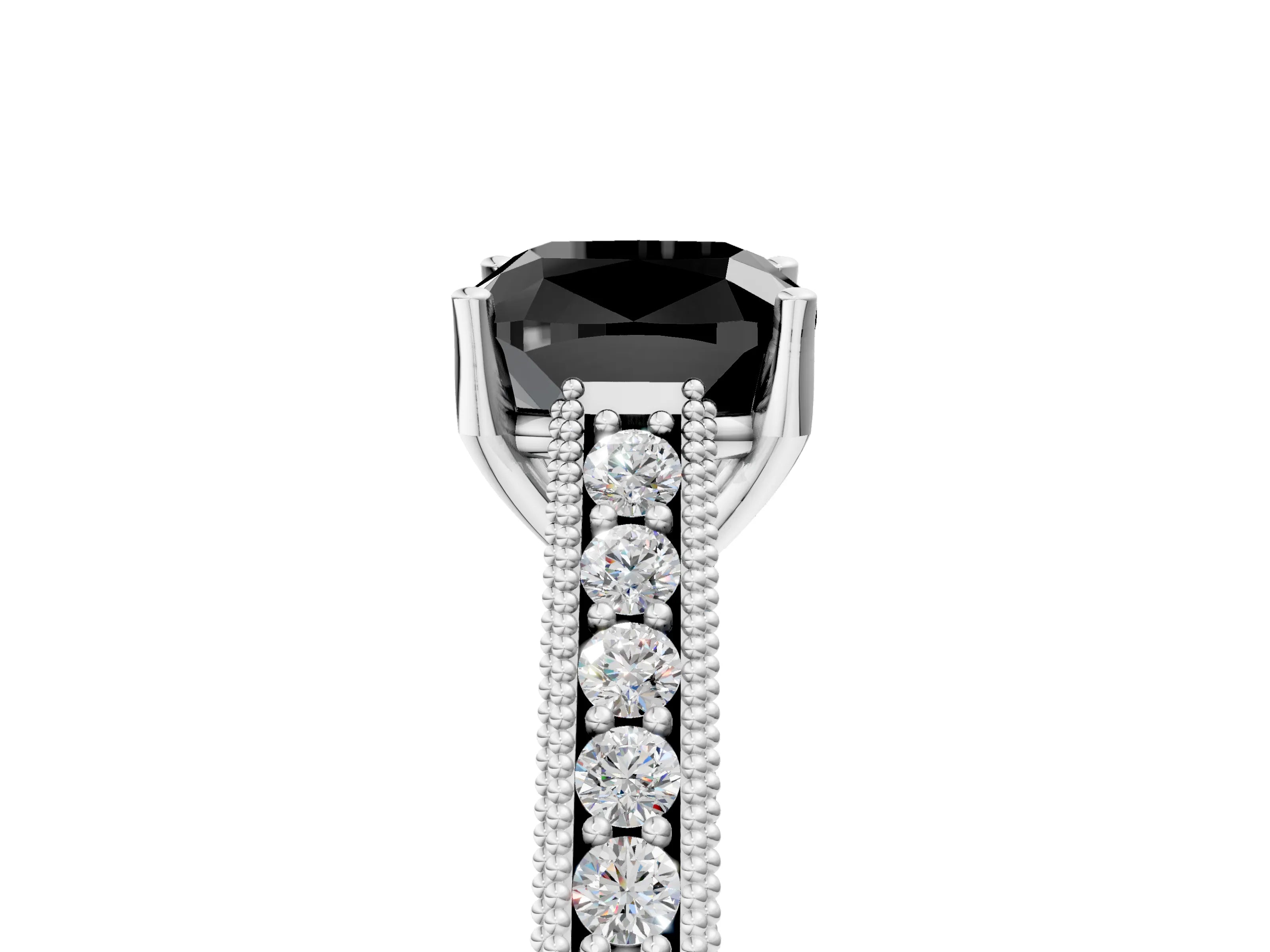 White gold Fancy Black Cushion Cut Cut Pave Band Milgrain Solitaire Ring_5