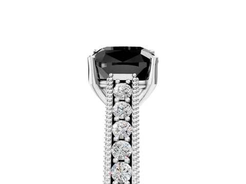 White gold Fancy Black Cushion Cut Cut Pave Band Milgrain Solitaire Ring_5