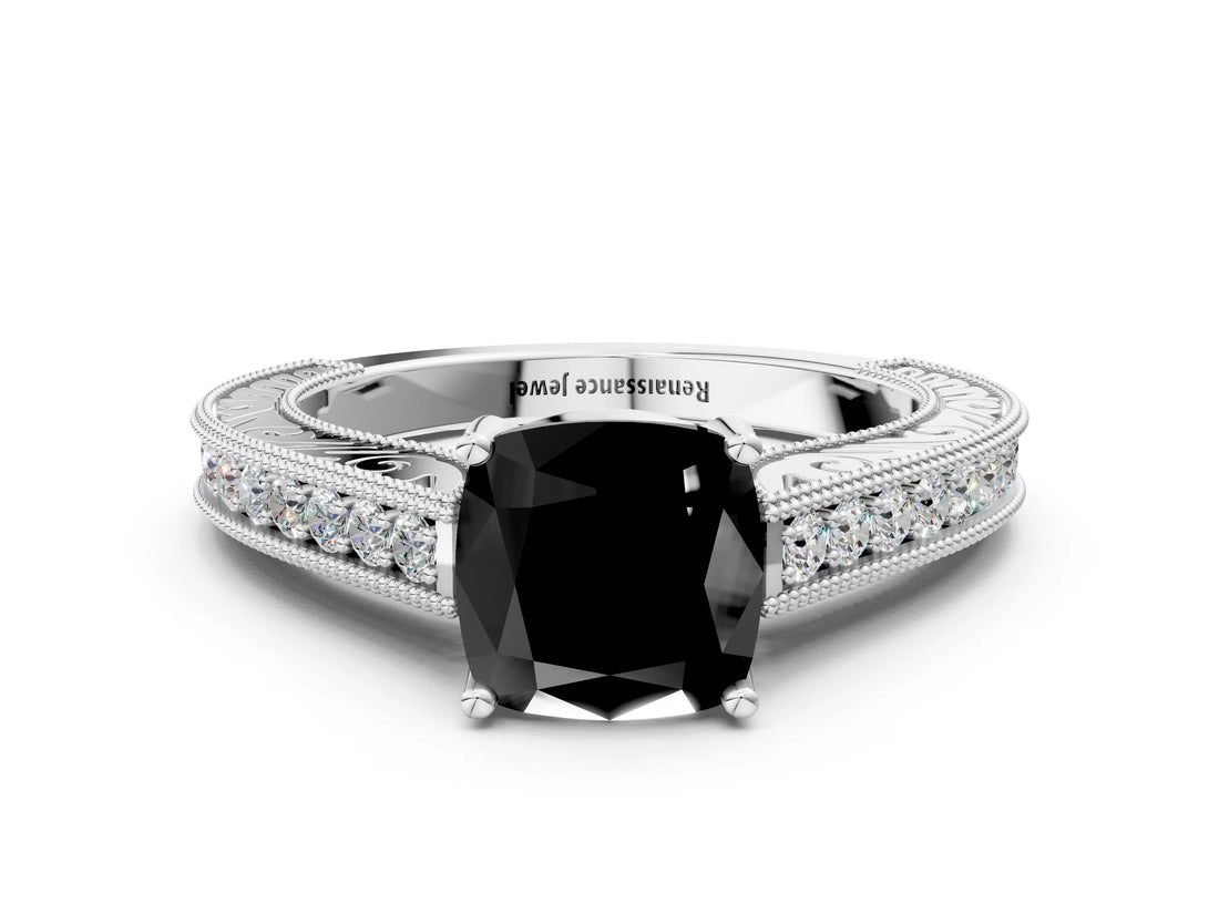 White gold Fancy Black Cushion Cut Cut Pave Band Milgrain Solitaire Ring