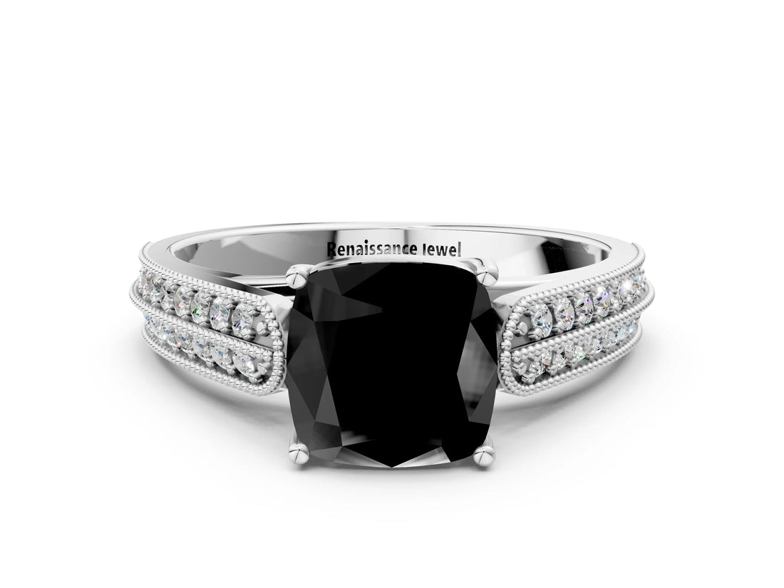 White gold Fancy Black Cushion Cut Cut Pave Split Shank Engagement Ring with Four-Prong Setting_12