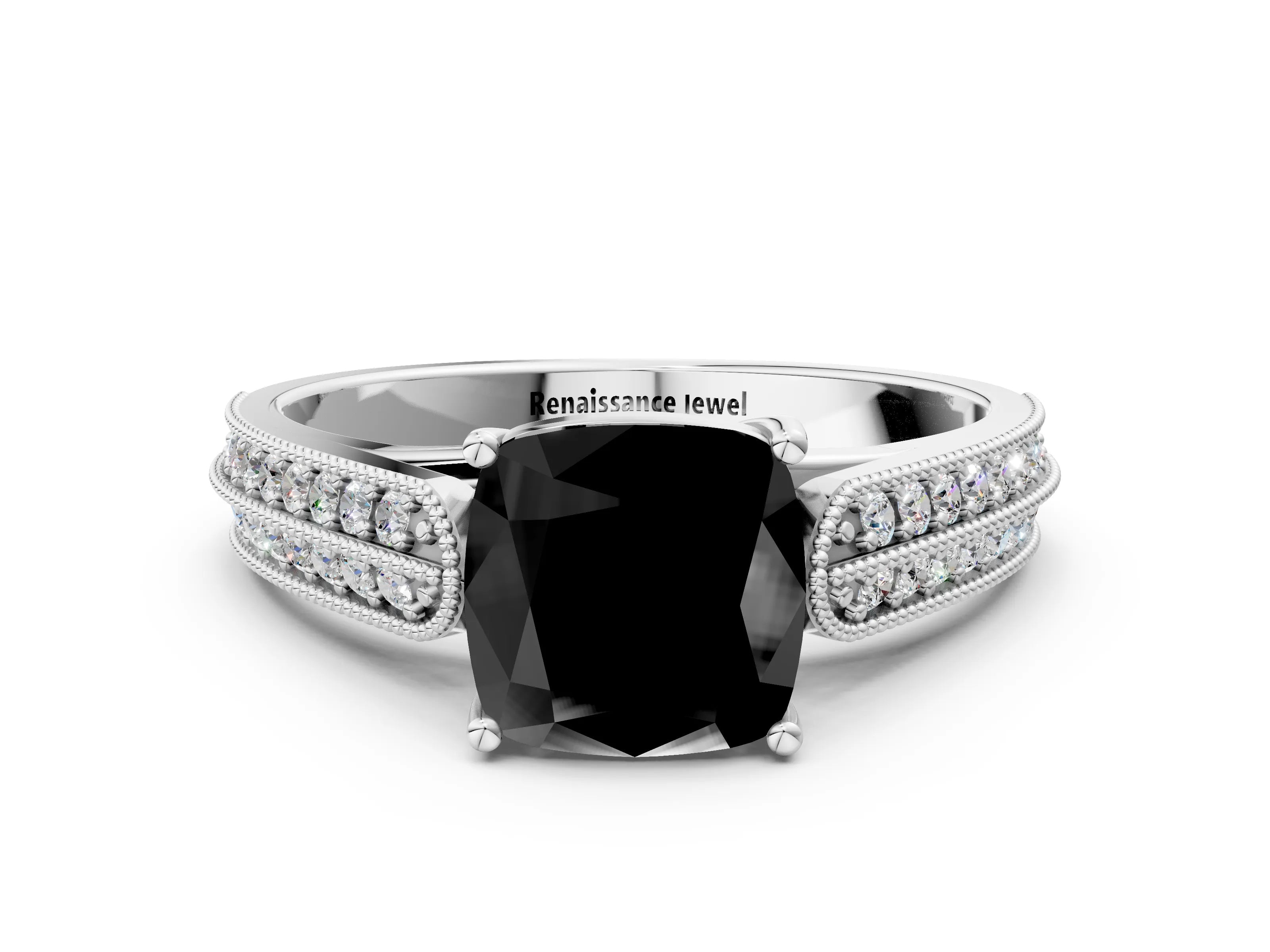 White gold Fancy Black Cushion Cut Cut Pave Split Shank Engagement Ring with Four-Prong Setting_12