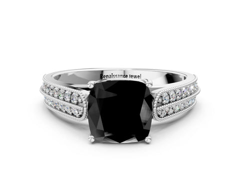 White gold Fancy Black Cushion Cut Cut Pave Split Shank Engagement Ring with Four-Prong Setting_12