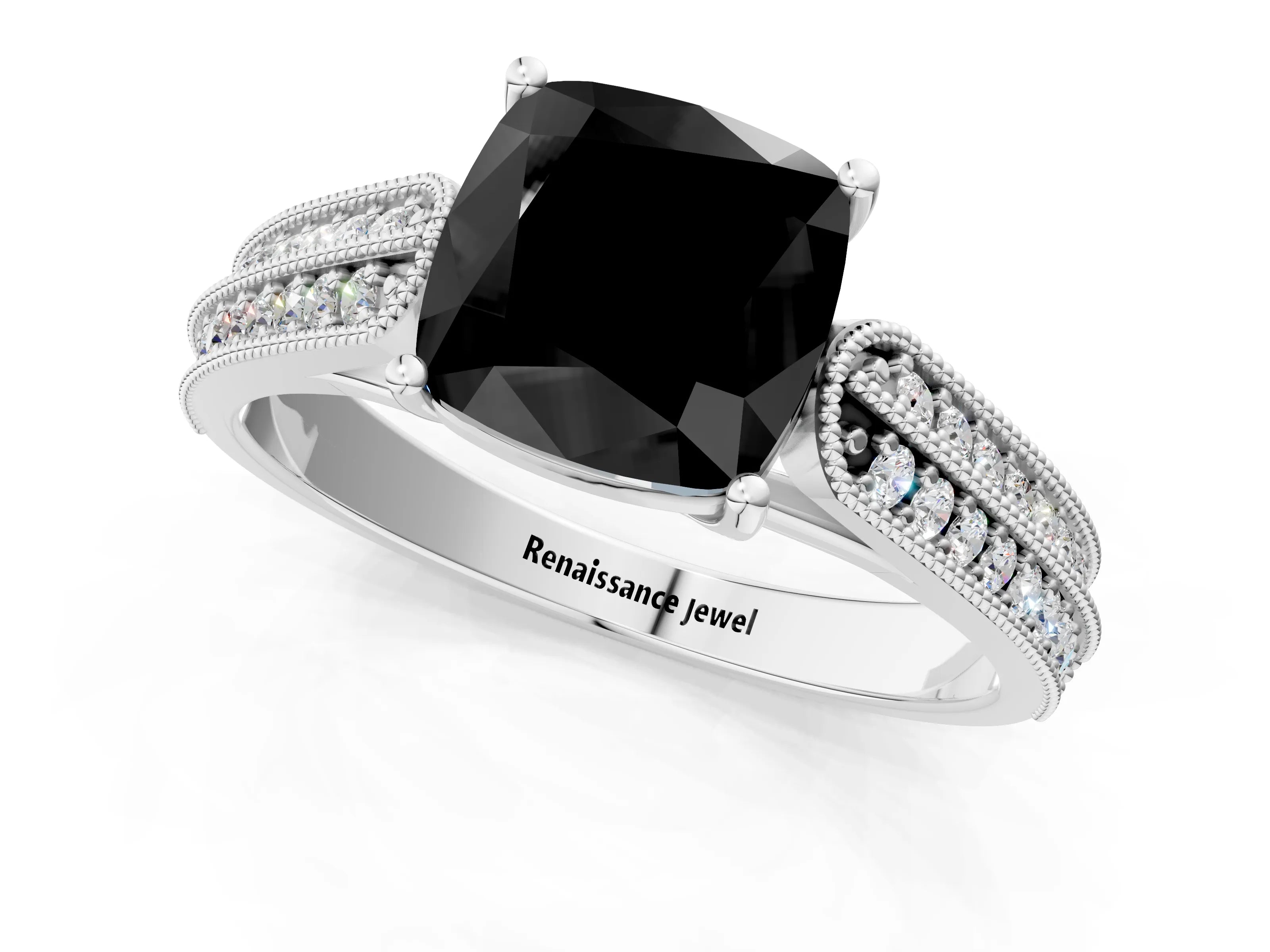 White gold Fancy Black Cushion Cut Cut Pave Split Shank Engagement Ring with Four-Prong Setting_13