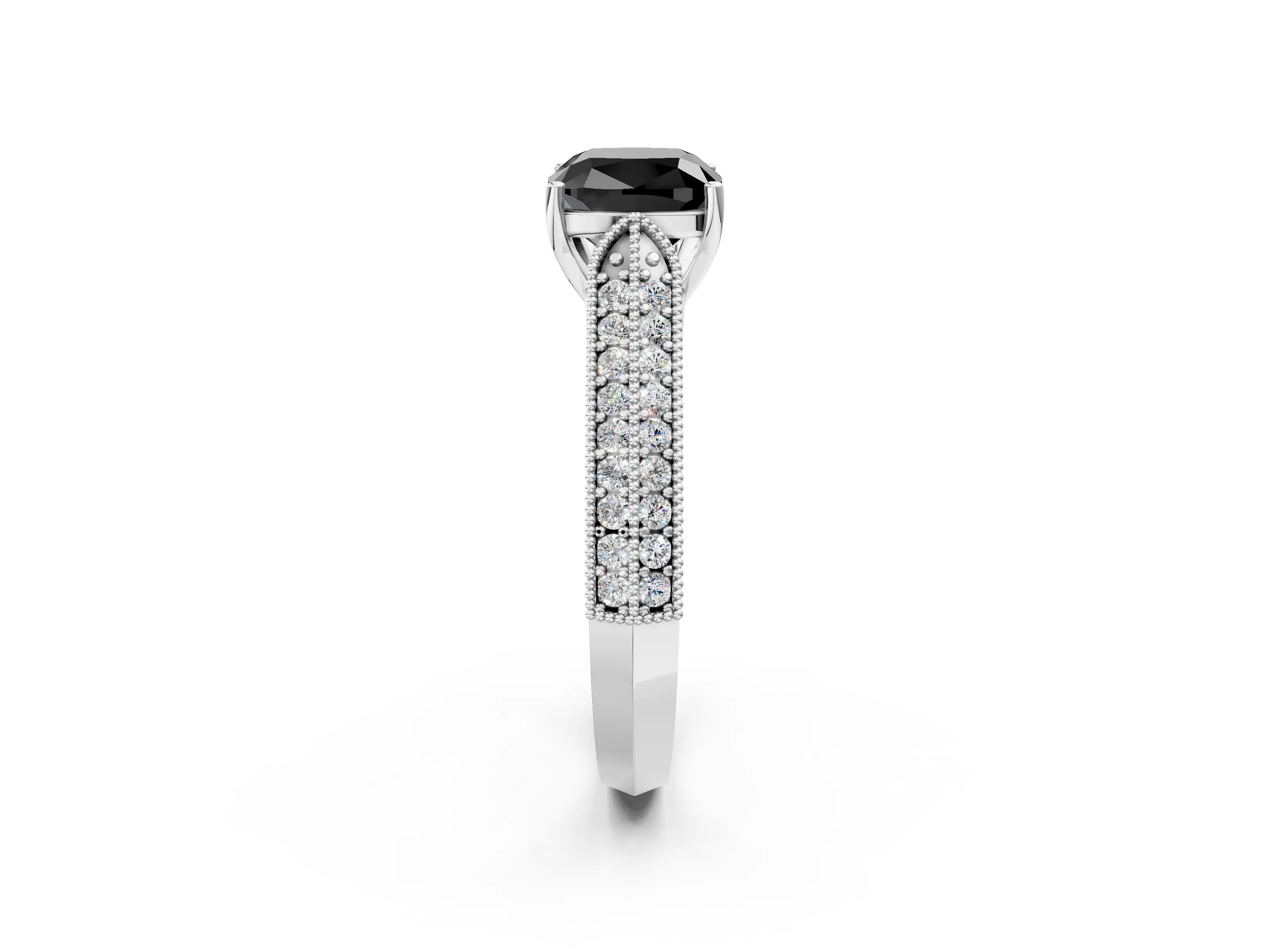 White gold Fancy Black Cushion Cut Cut Pave Split Shank Engagement Ring with Four-Prong Setting_14
