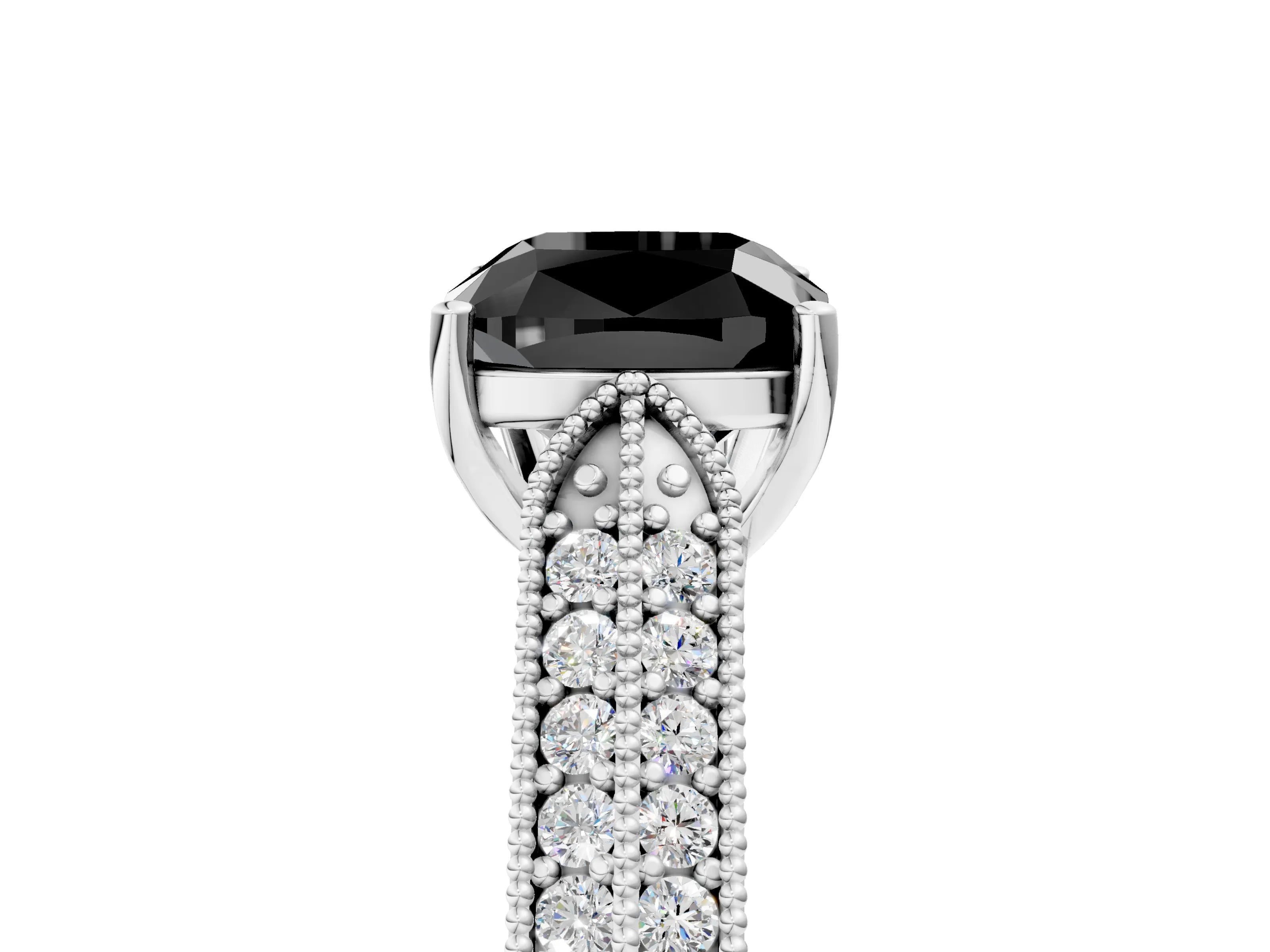 White gold Fancy Black Cushion Cut Cut Pave Split Shank Engagement Ring with Four-Prong Setting_17