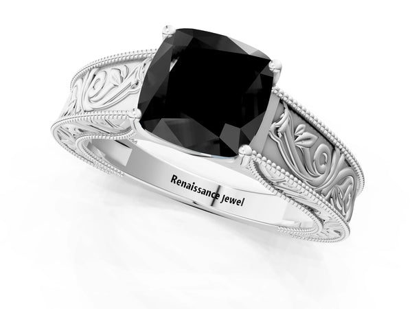 Platinum Cushion Cut Vintage Engraved Solitaire Engagement Ring Setting for Black Center