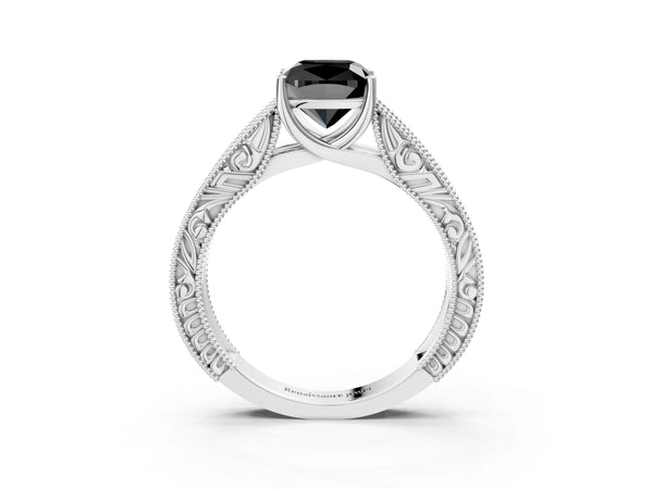 Platinum Cushion Cut Vintage Engraved Solitaire Engagement Ring Setting for Black Center