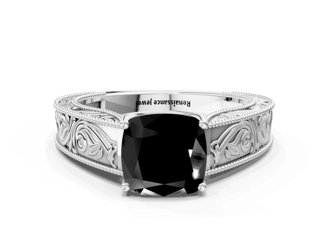 White gold Fancy Black Cushion Cut Cut Solitaire Engraved Band with Four-Prong Setting