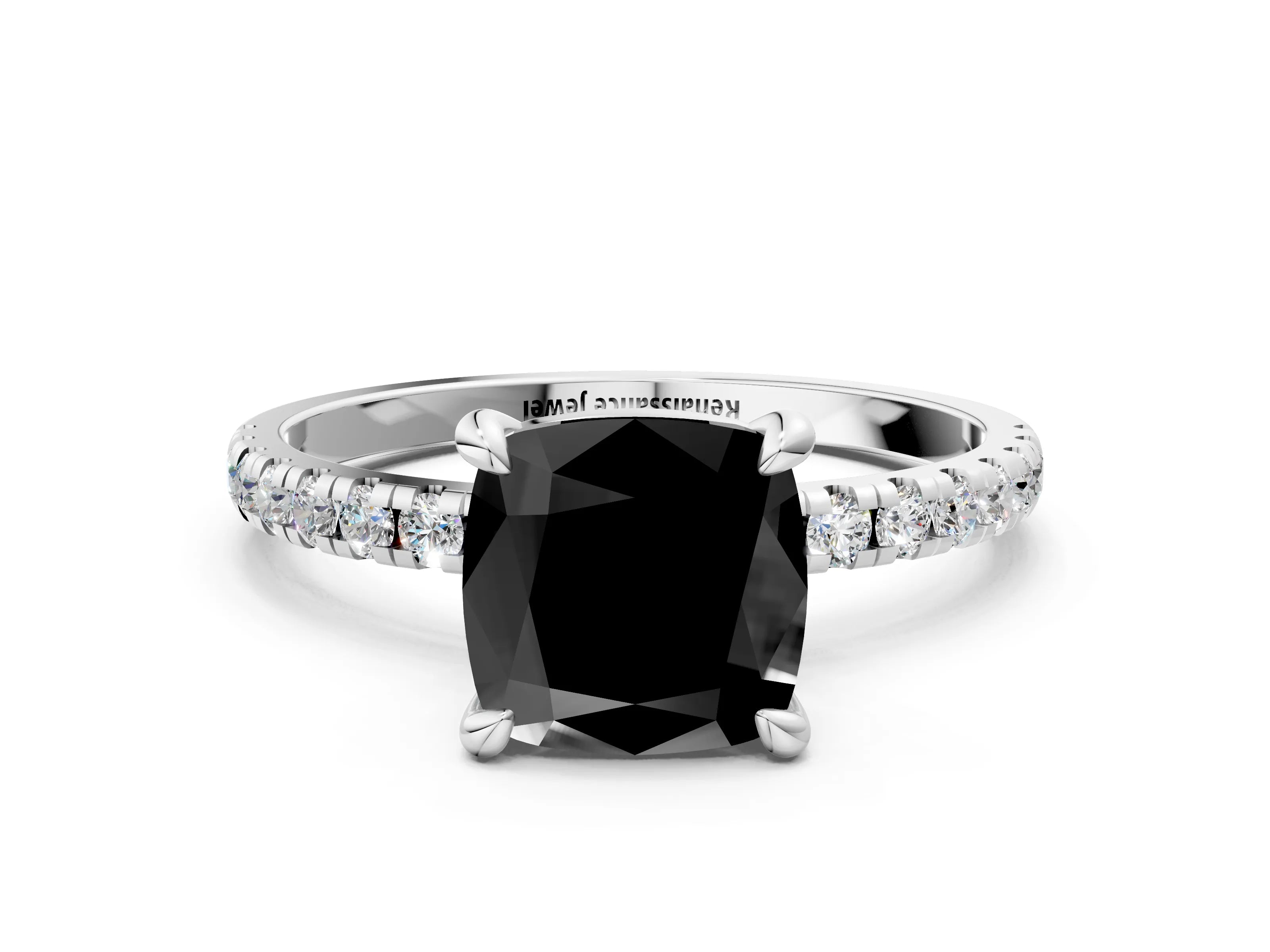 White gold Fancy Black Cushion Cut Diamond Brilliant Solitaire Ring with Pavé Band and Four-Prong Setting