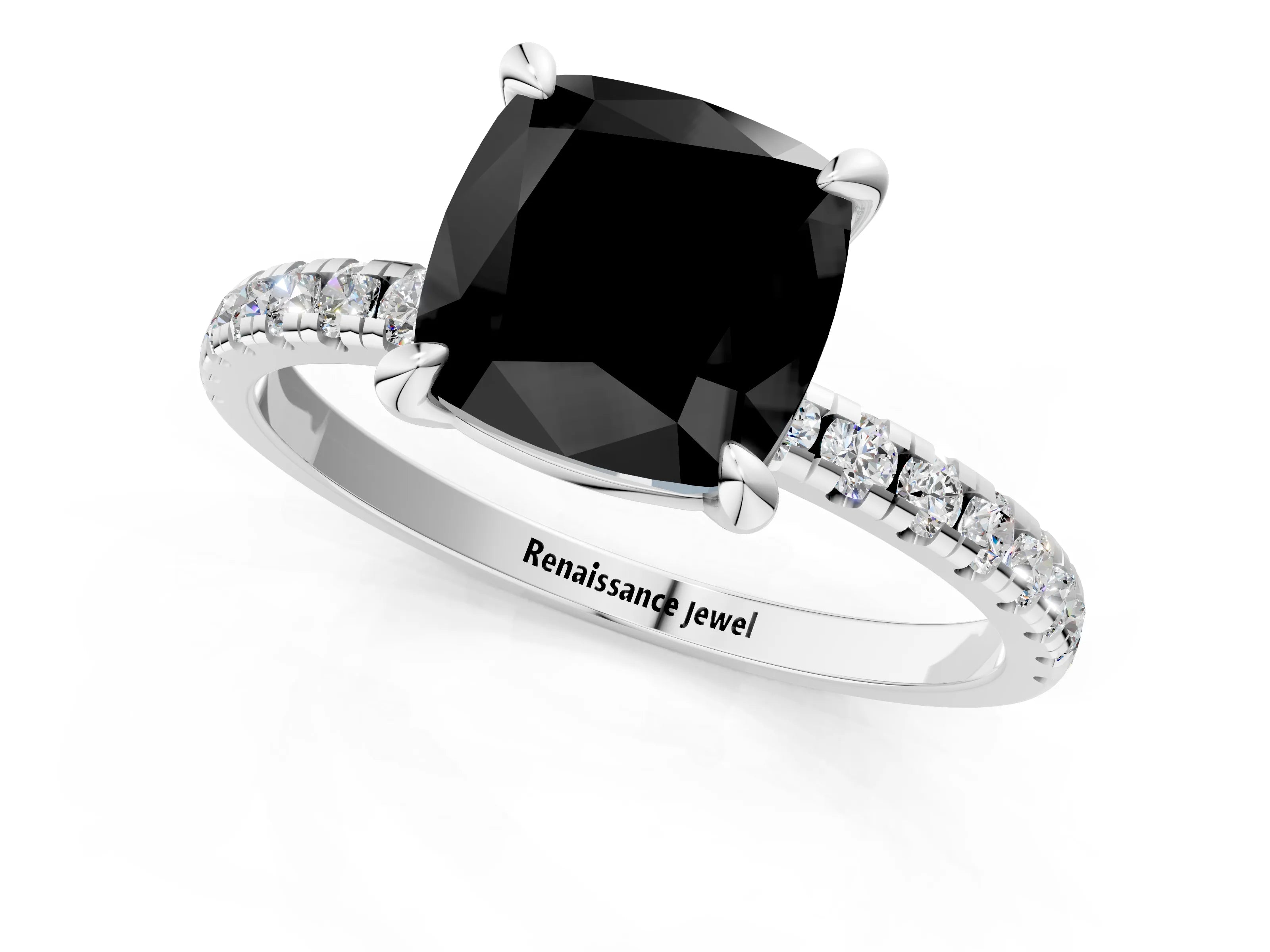 White gold Fancy Black Cushion Cut Diamond Brilliant Solitaire Ring with Pavé Band and Four-Prong Setting_1