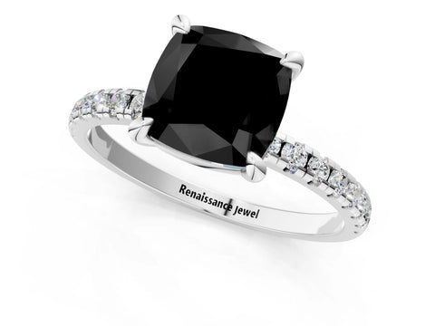White gold Fancy Black Cushion Cut Diamond Brilliant Solitaire Ring with Pavé Band and Four-Prong Setting_1