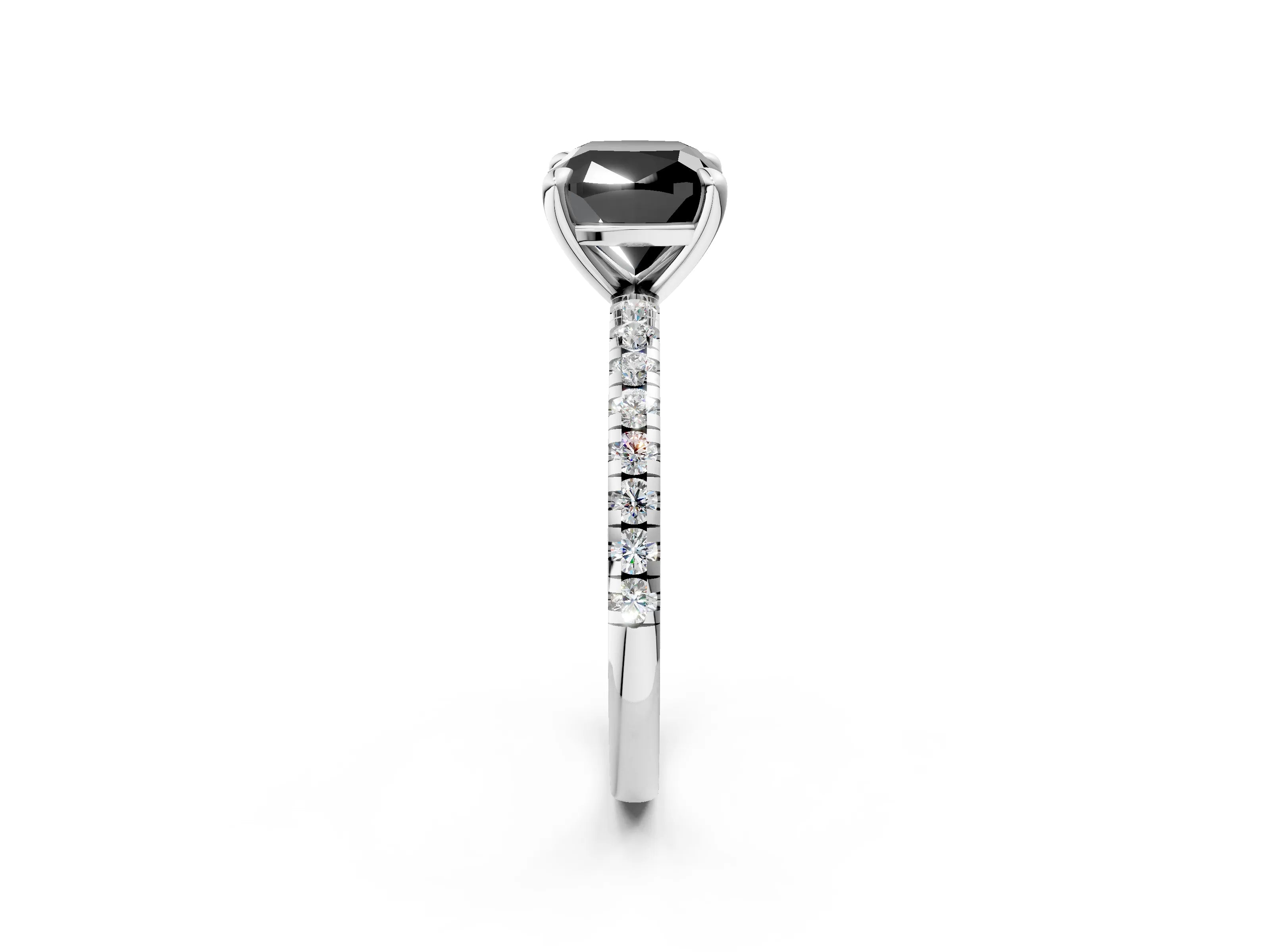 White gold Fancy Black Cushion Cut Diamond Brilliant Solitaire Ring with Pavé Band and Four-Prong Setting_2