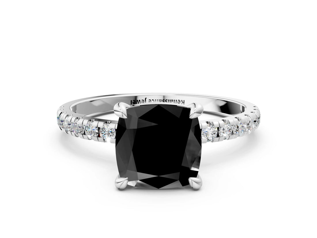 White gold Fancy Black Cushion Cut Diamond Brilliant Solitaire Ring with Pavé Band and Four-Prong Setting_24