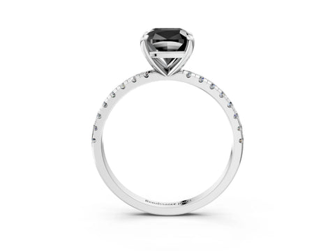 White gold Fancy Black Cushion Cut Diamond Brilliant Solitaire Ring with Pavé Band and Four-Prong Setting_3
