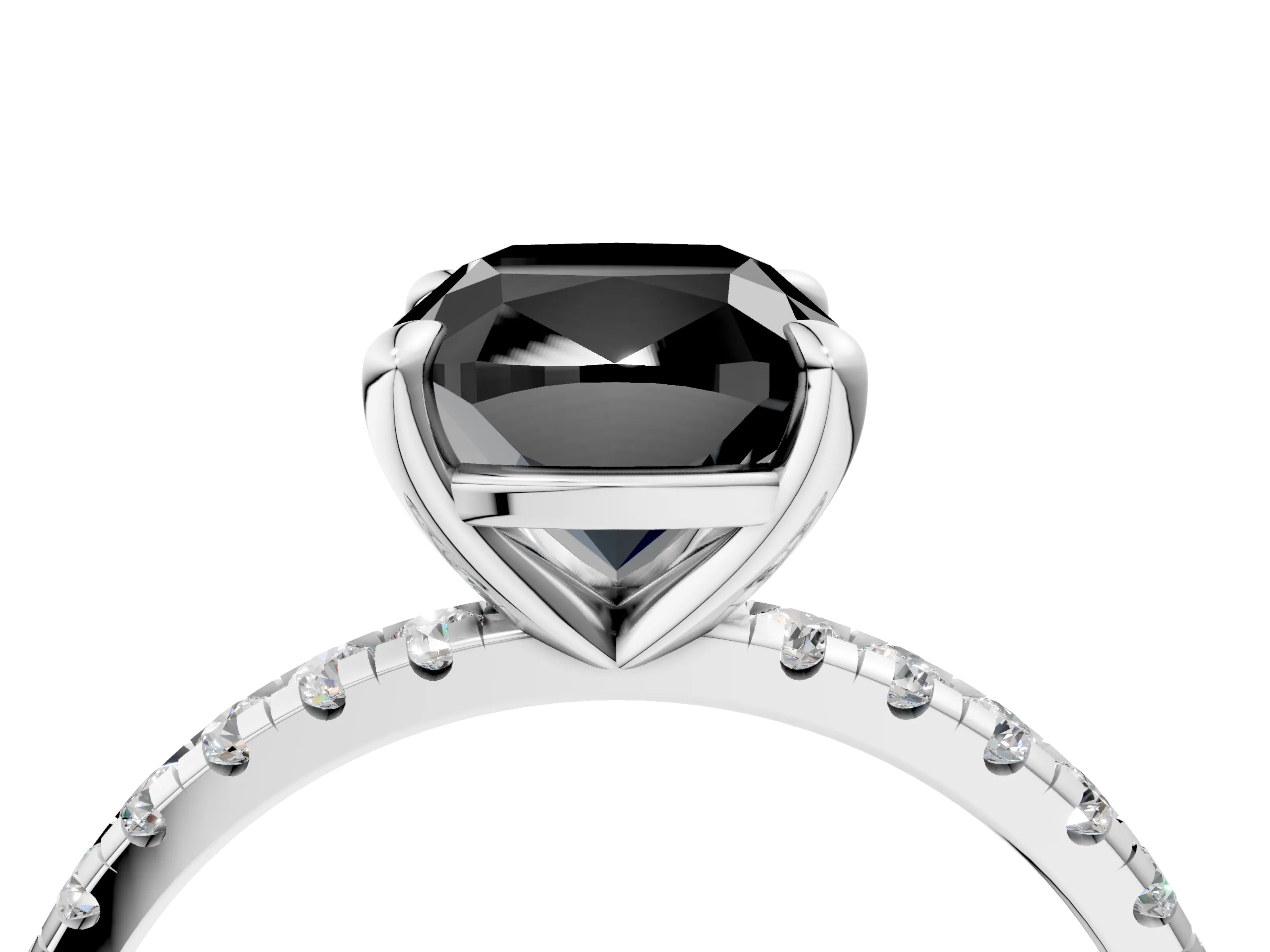 White gold Fancy Black Cushion Cut Diamond Brilliant Solitaire Ring with Pavé Band and Four-Prong Setting_4