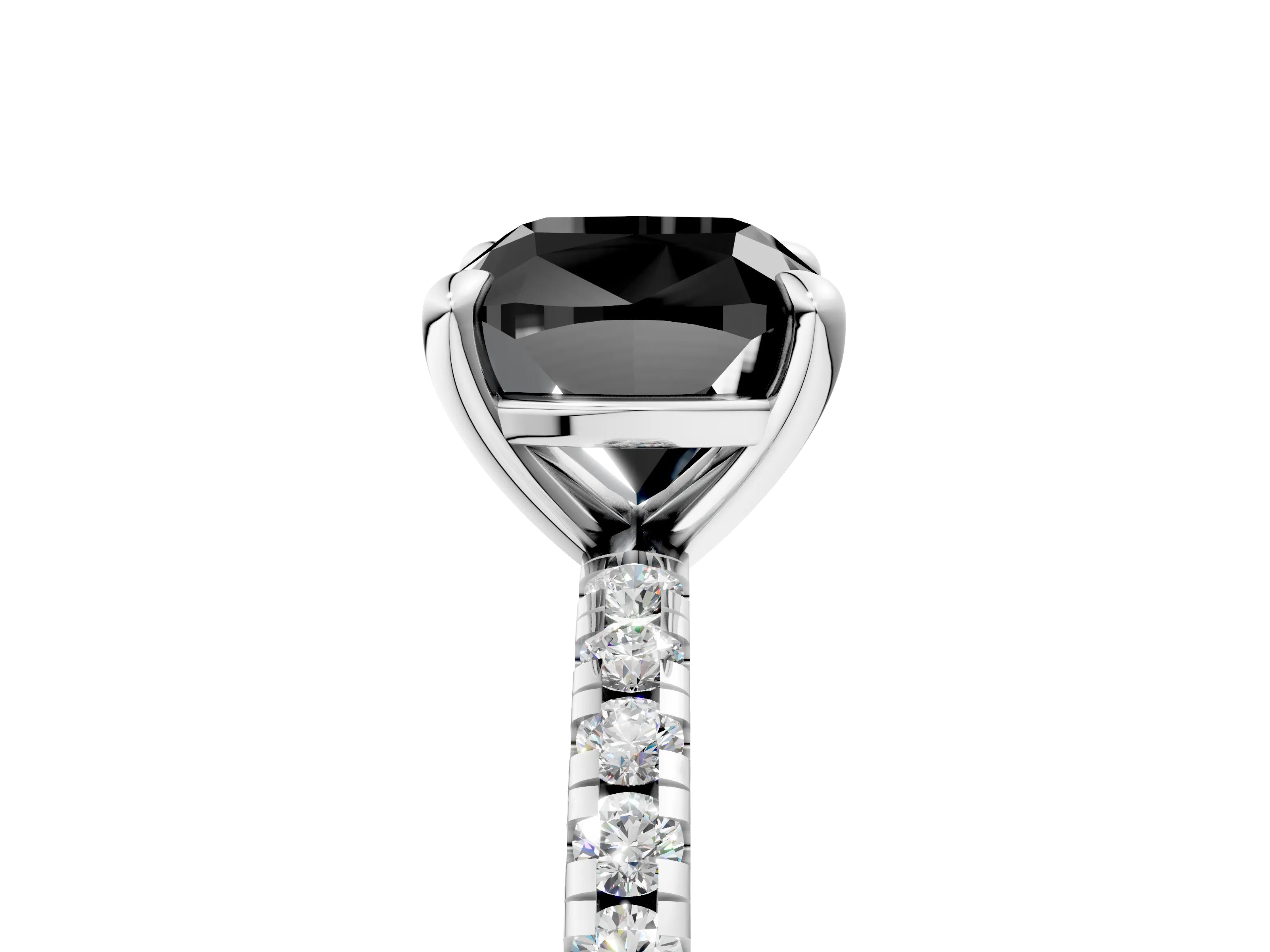 White gold Fancy Black Cushion Cut Diamond Brilliant Solitaire Ring with Pavé Band and Four-Prong Setting_5