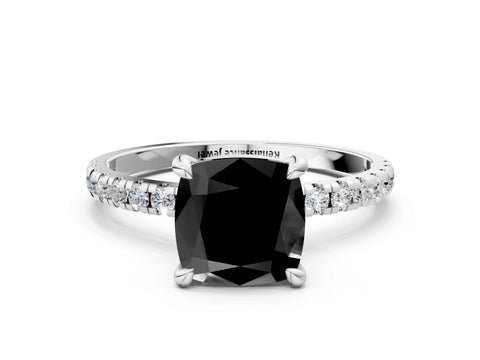 White gold Fancy Black Cushion Cut Diamond Brilliant Solitaire Ring with Pavé Band and Four-Prong Setting
