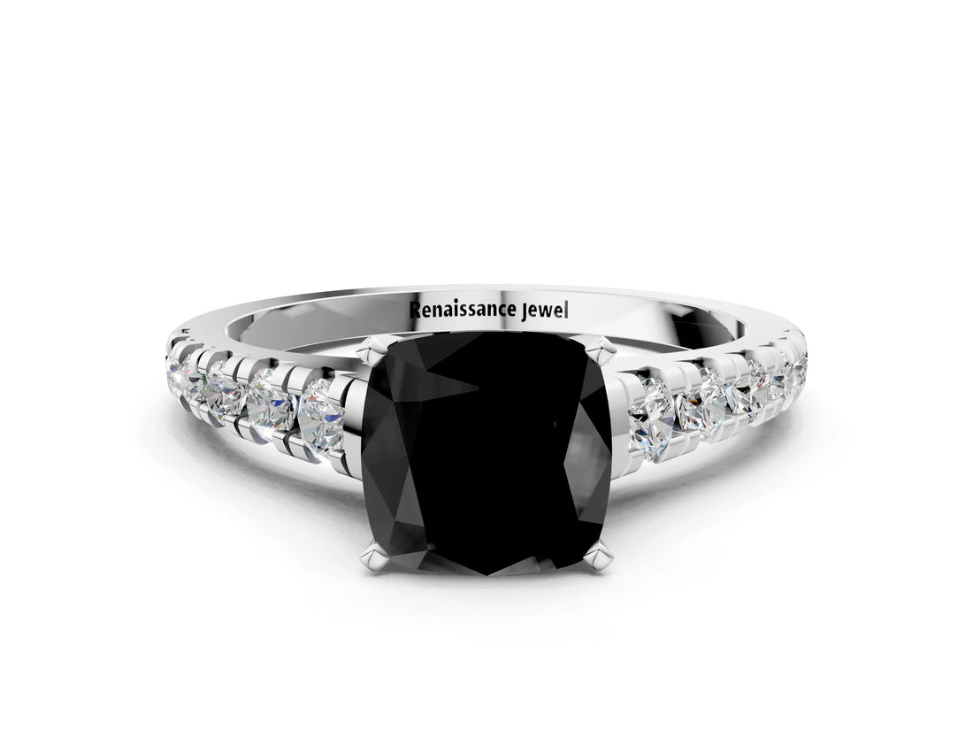 White gold Fancy Black Cushion Cut Diamond Cathedral Solitaire Ring with Round  Pavé Band_48