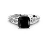 White gold Fancy Black Cushion Cut Diamond Cathedral Solitaire Ring with Round  Pavé Band_48