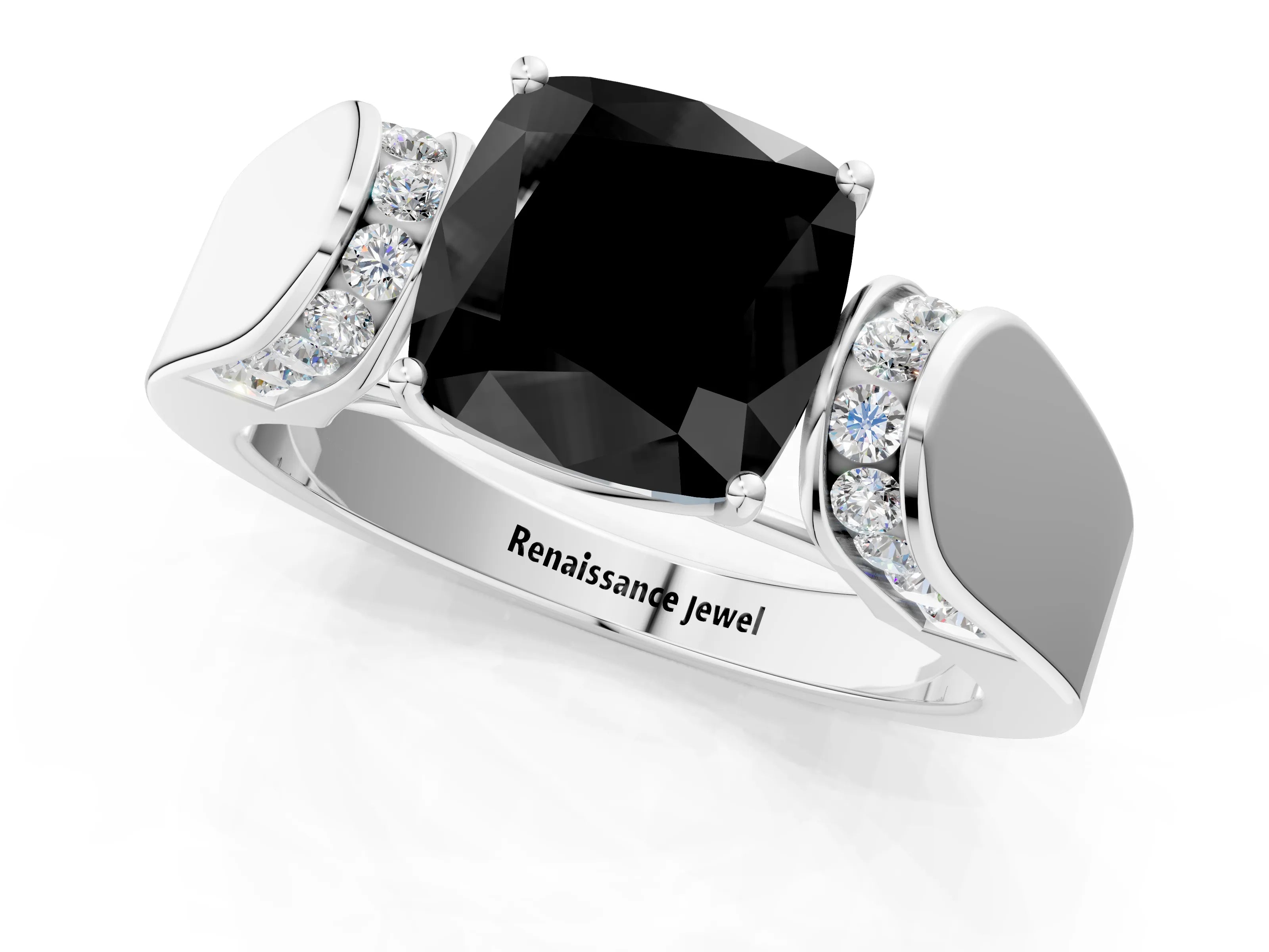 White gold Fancy Black Cushion Cut Diamond Channel Set Solitaire Ring with Four-Prong Setting_14