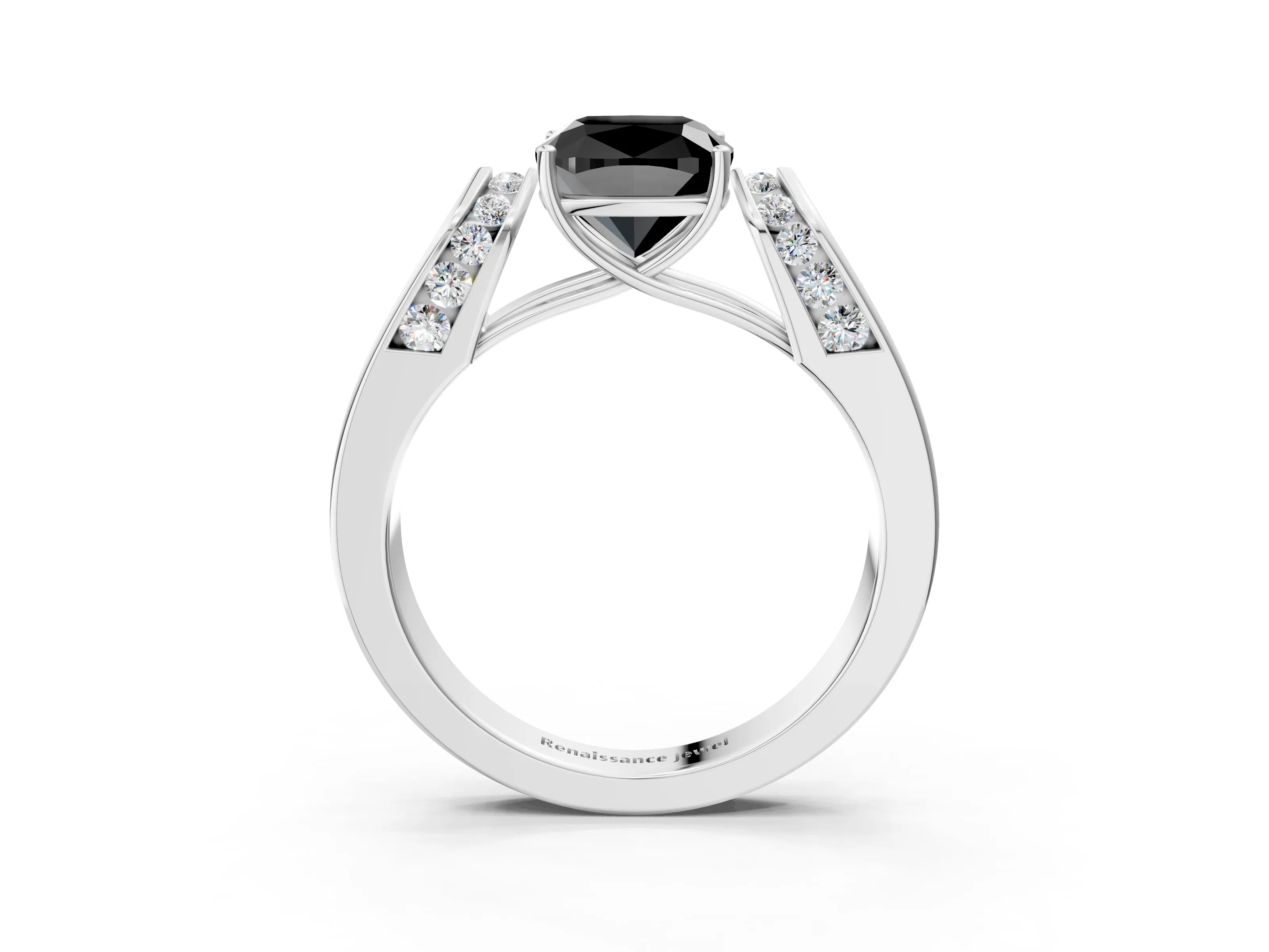 White gold Fancy Black Cushion Cut Diamond Channel Set Solitaire Ring with Four-Prong Setting_16