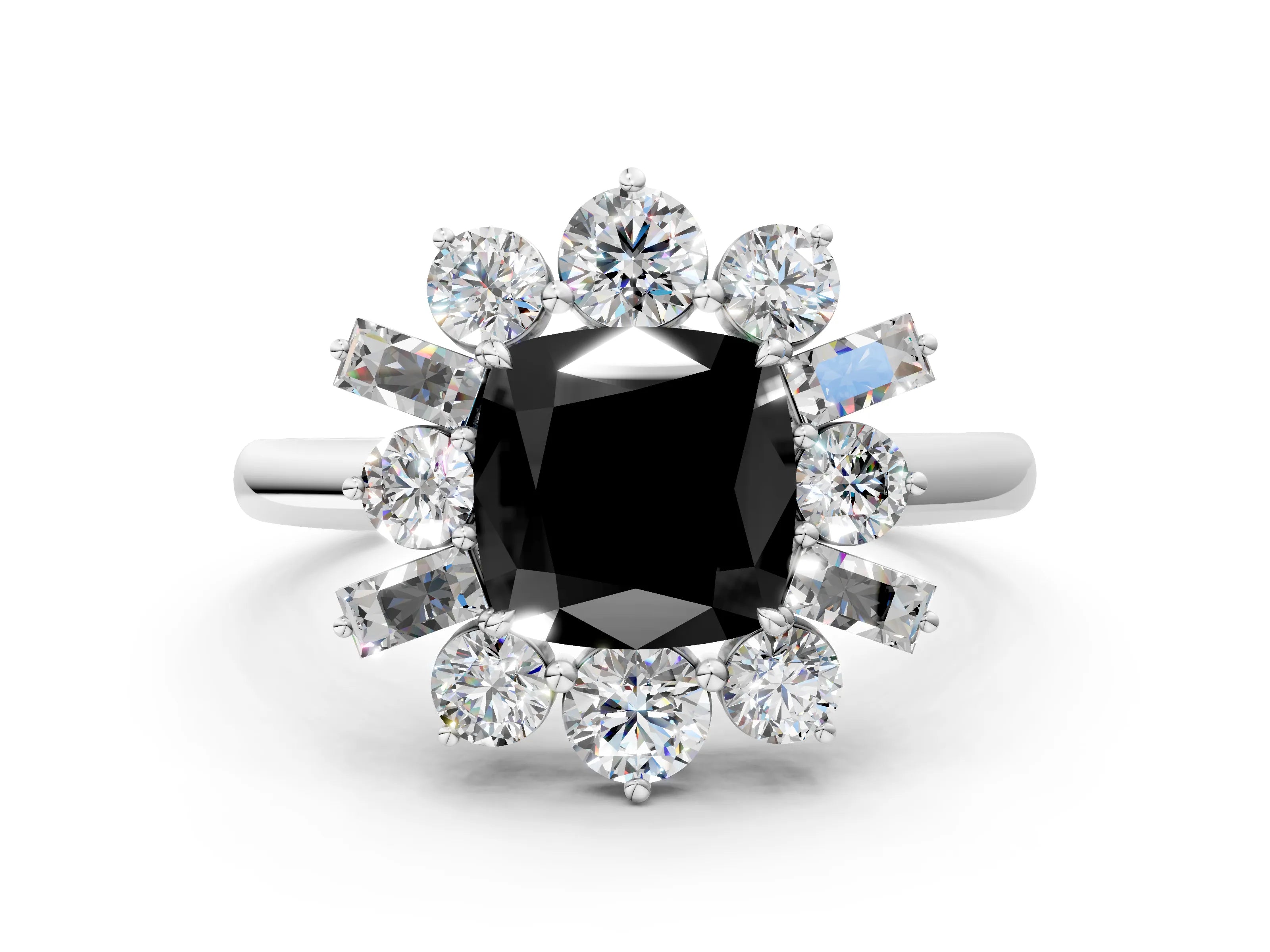 White gold Fancy Black Cushion Cut Diamond Cluster Ring with Round and Baguette Stones, Split Shank Band, Prong Setting