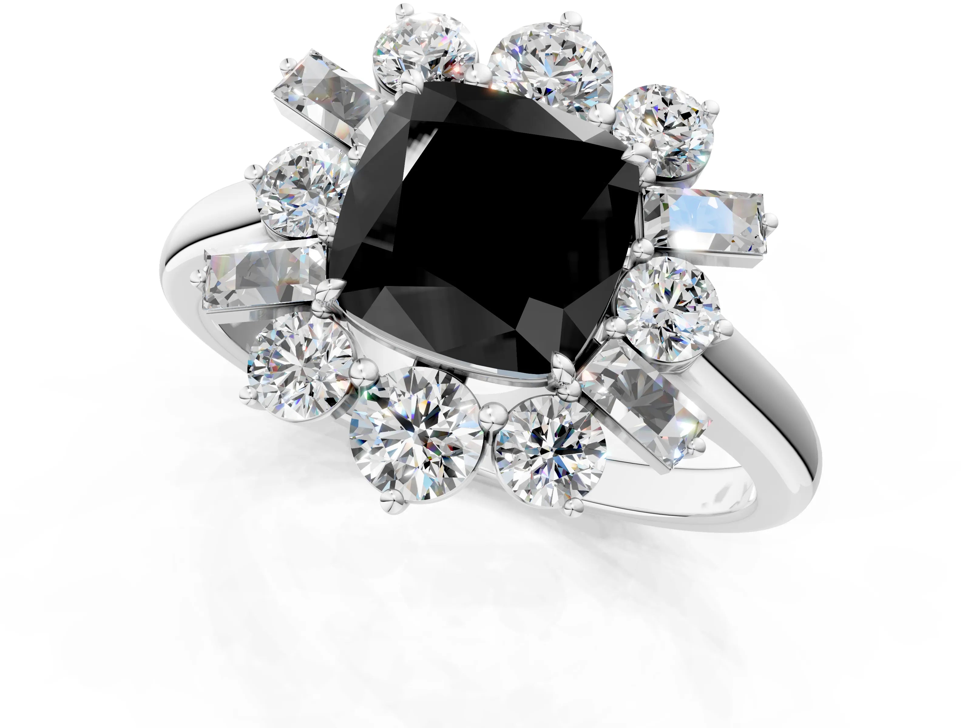 White gold Fancy Black Cushion Cut Diamond Cluster Ring with Round and Baguette Stones, Split Shank Band, Prong Setting_1