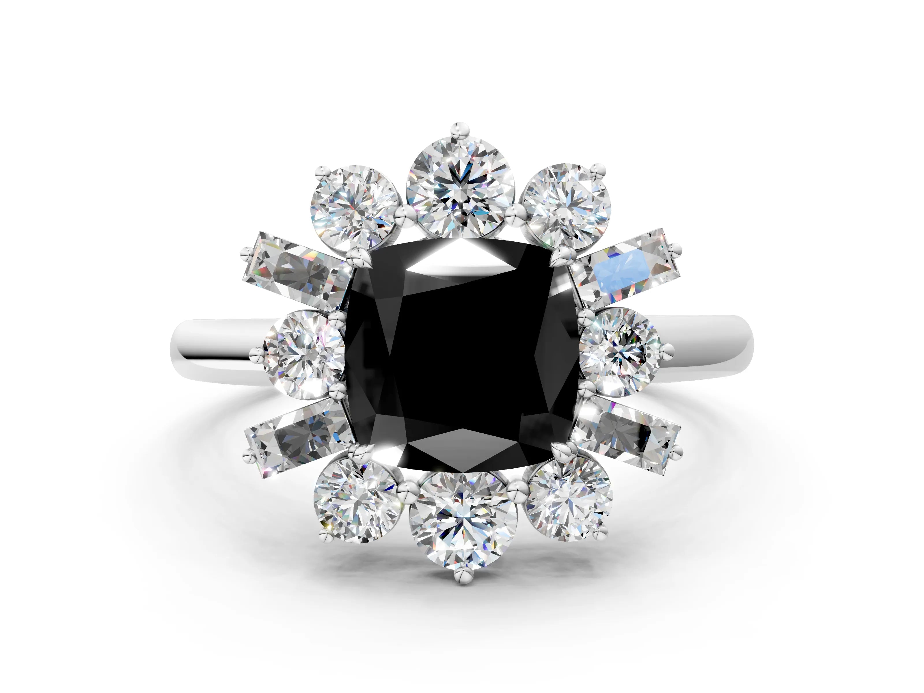 White gold Fancy Black Cushion Cut Diamond Cluster Ring with Round and Baguette Stones, Split Shank Band, Prong Setting_12
