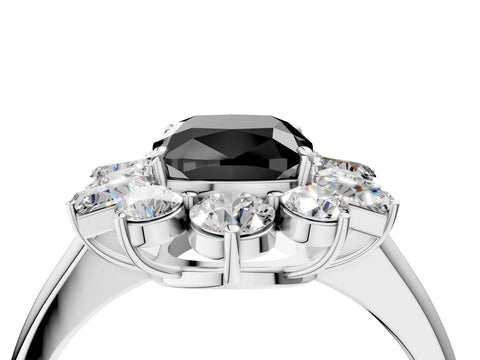 White gold Fancy Black Cushion Cut Diamond Cluster Ring with Round and Baguette Stones, Split Shank Band, Prong Setting_16