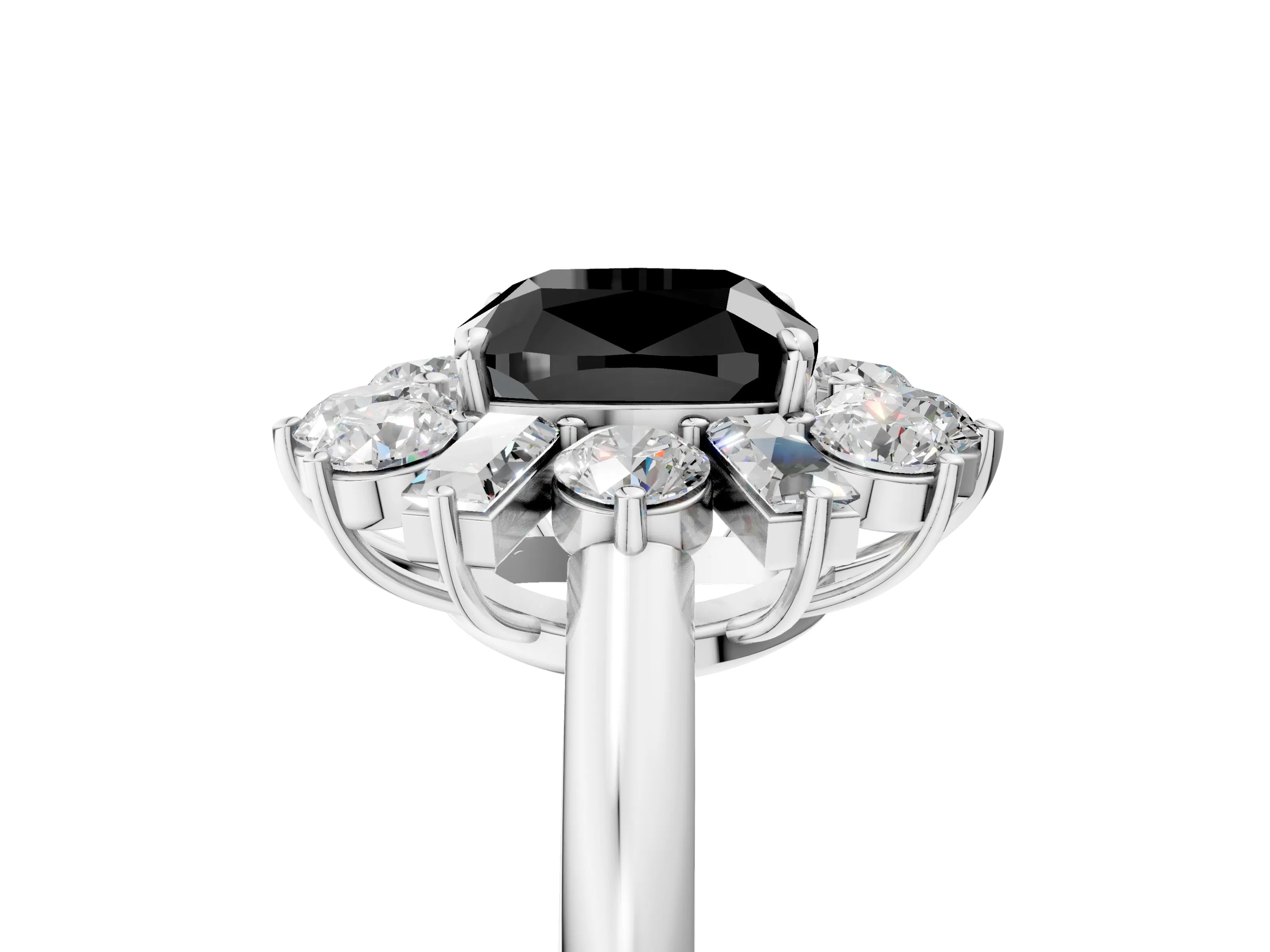 White gold Fancy Black Cushion Cut Diamond Cluster Ring with Round and Baguette Stones, Split Shank Band, Prong Setting_17