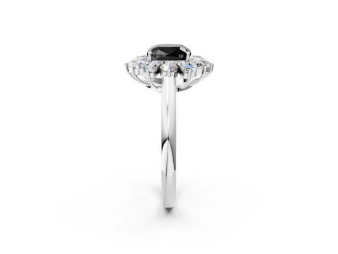 White gold Fancy Black Cushion Cut Diamond Cluster Ring with Round and Baguette Stones, Split Shank Band, Prong Setting_2