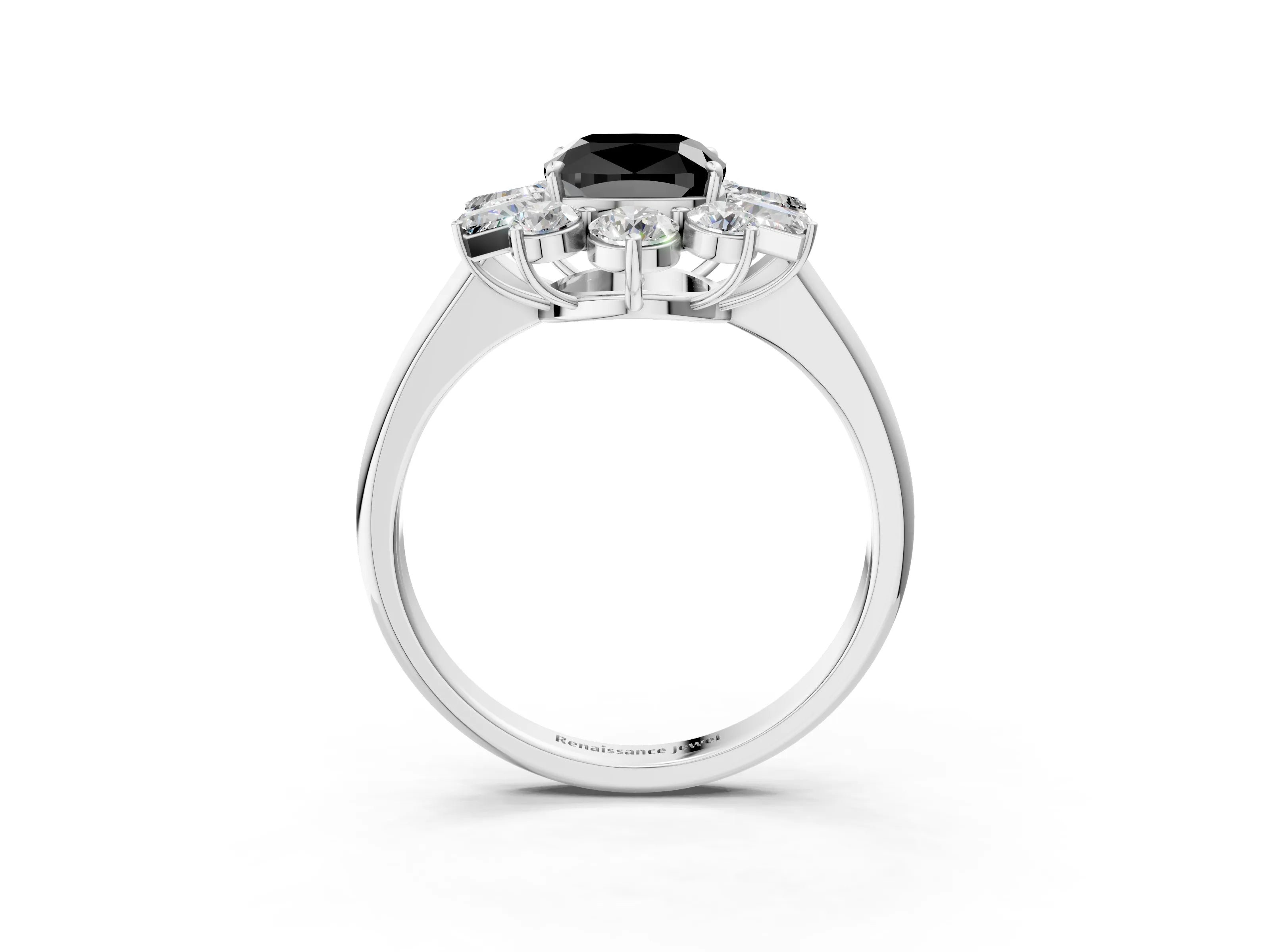 White gold Fancy Black Cushion Cut Diamond Cluster Ring with Round and Baguette Stones, Split Shank Band, Prong Setting_3