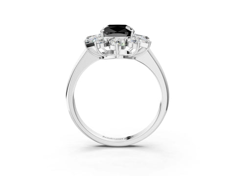 White gold Fancy Black Cushion Cut Diamond Cluster Ring with Round and Baguette Stones, Split Shank Band, Prong Setting_3