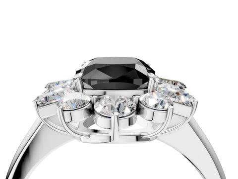 White gold Fancy Black Cushion Cut Diamond Cluster Ring with Round and Baguette Stones, Split Shank Band, Prong Setting_4