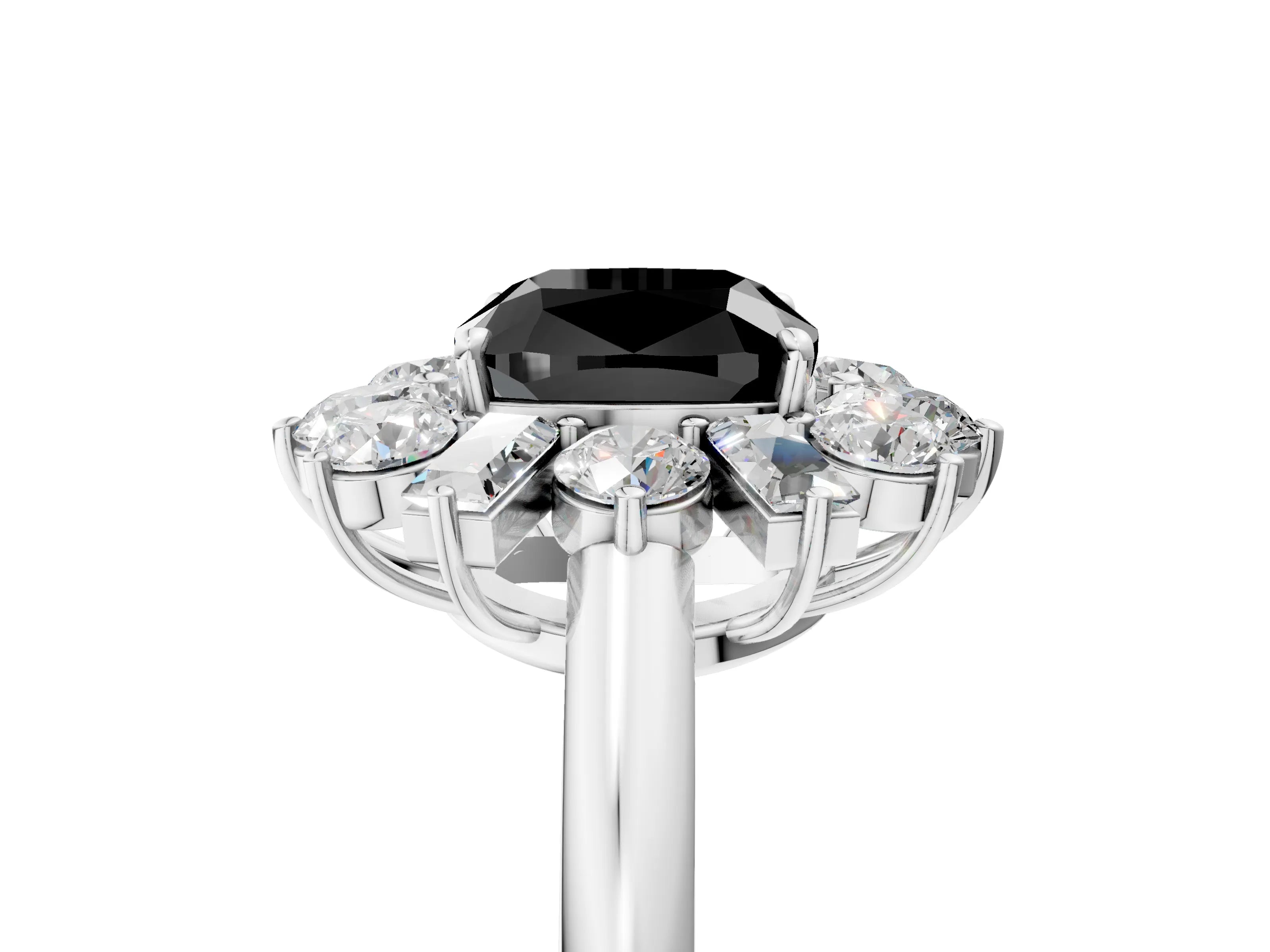 White gold Fancy Black Cushion Cut Diamond Cluster Ring with Round and Baguette Stones, Split Shank Band, Prong Setting_5