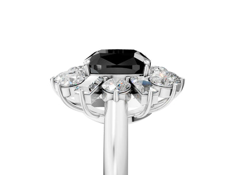 White gold Fancy Black Cushion Cut Diamond Cluster Ring with Round and Baguette Stones, Split Shank Band, Prong Setting_5