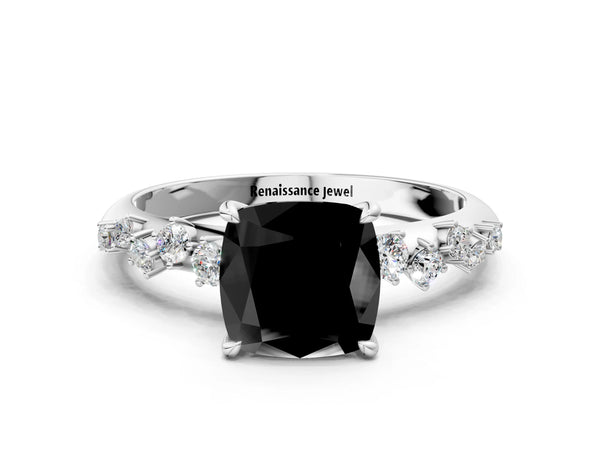 Platinum Cushion Cut Graduated Cluster Engagement Ring Setting for Black Center